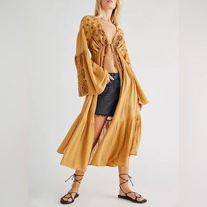 Free People Good Vibes Embroidered Kimono Button Up Cardigan Maxi Top